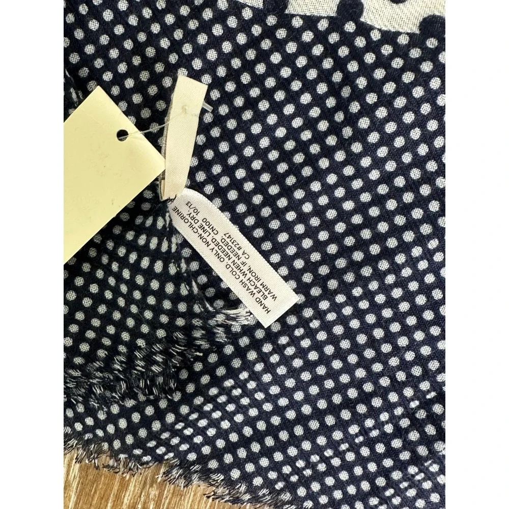 Talbots Large Long Scarf Navy Blue Cream Polka Dots NEW